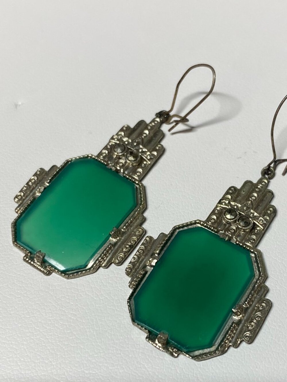 Art Deco 1930s Chrysoprase Marcasite Sterling Silver Earrings Antique - Picture 3 of 15